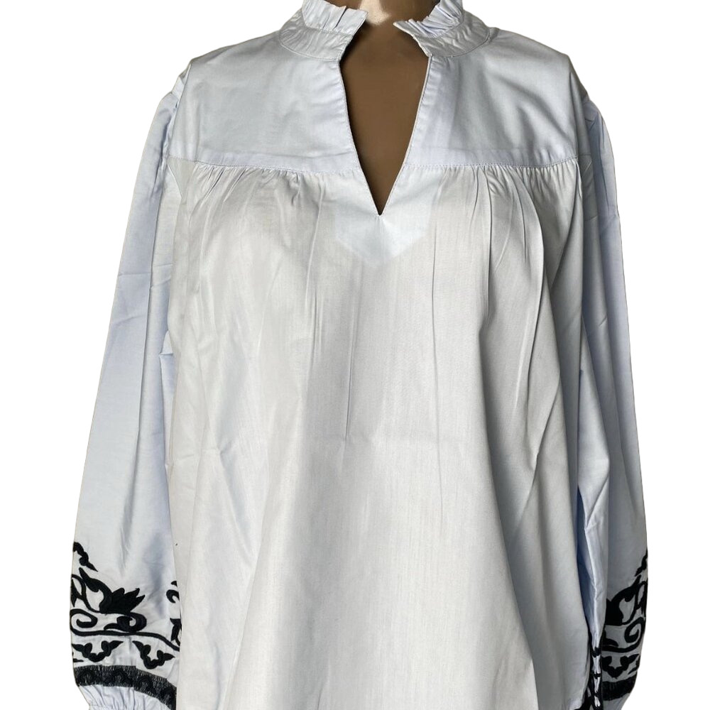 NEW CHAKERIS Shirt Light Blue Size S Caroline Embroidered Sleeve Top V-Neck